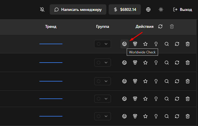Worldwide Check button in a keyword row
